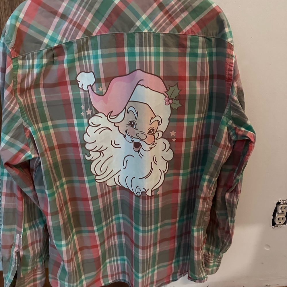 Festive Plaid Button Down Shirt - Green and pink